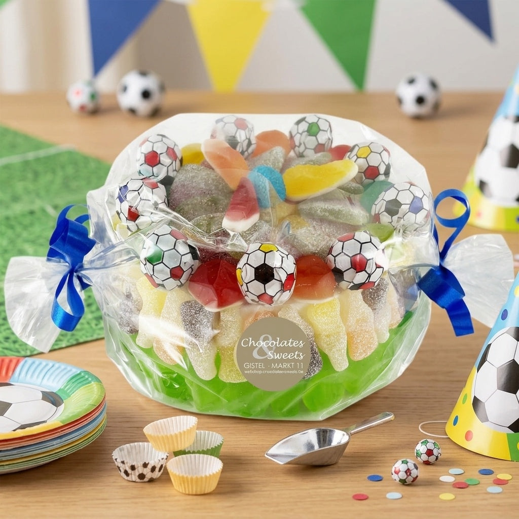 snoeptaart voetbal ingepakt op een tafel