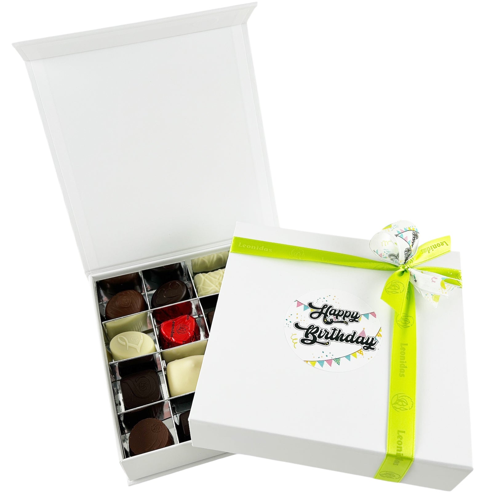 Witte doos 16 pralines Happy Birthday studio