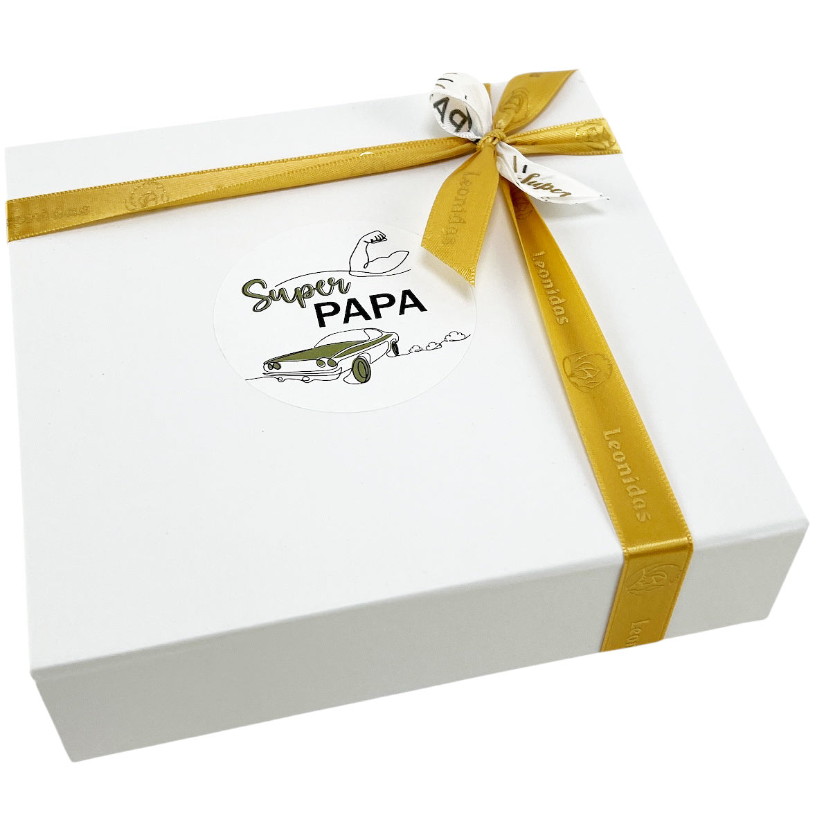 Witte doos 16 pralines Super Papa ingepakt